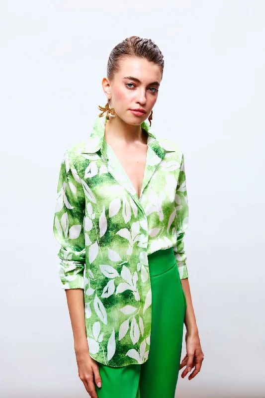 Leaf Pattern Long Sleeve Shirt - Green-- Notch Collar Peter Pan Collar Cowl Neck