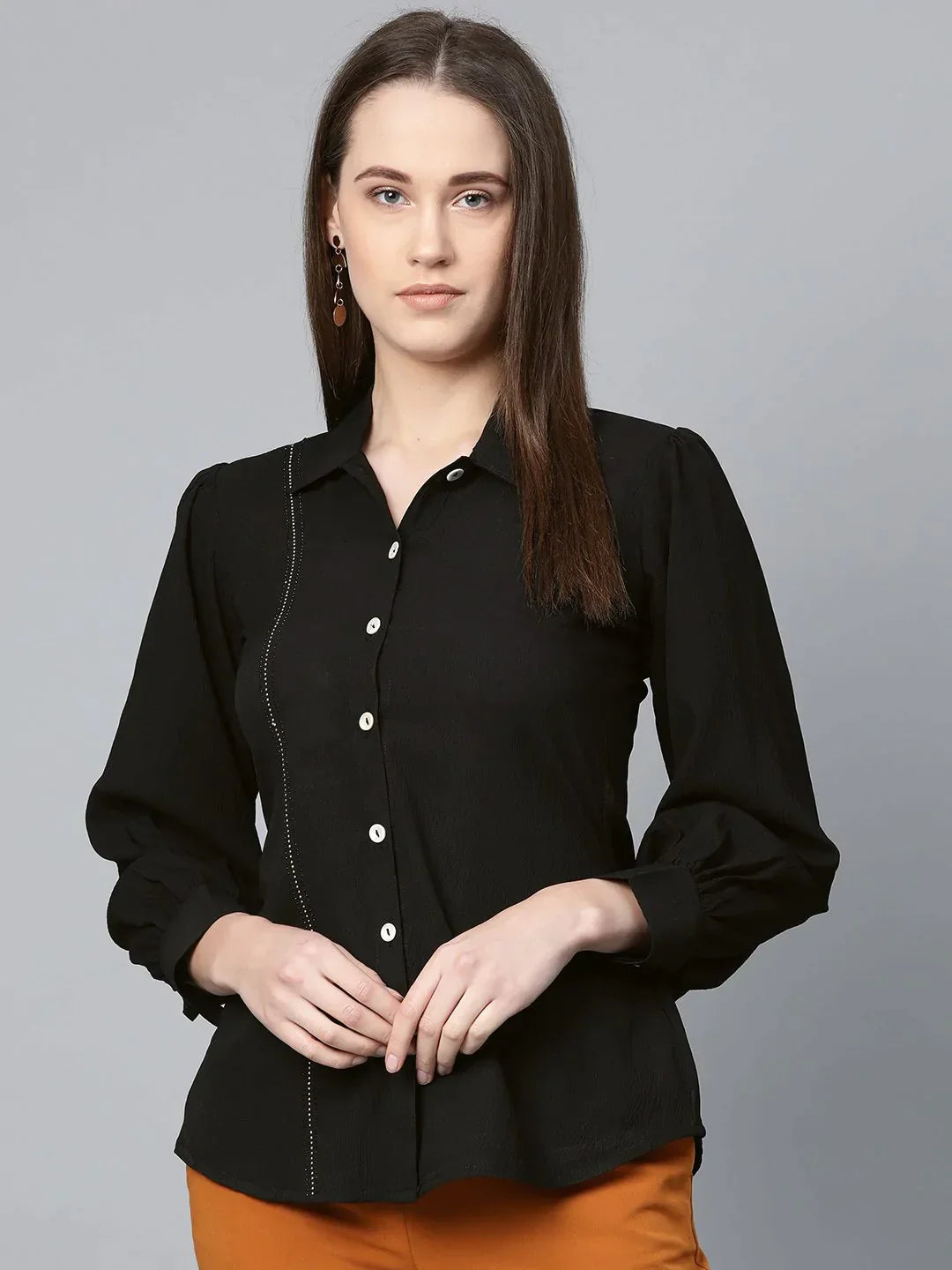 Women Black Regular Fit Crinkled Effect Casual Shirt - Rasiya-- Silk Blend Satin Velvet