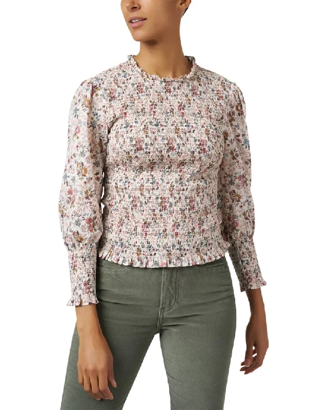 Veronica Beard Kali Floral Print Shirt-- V-Neck T-Shirt Long Sleeve Cotton