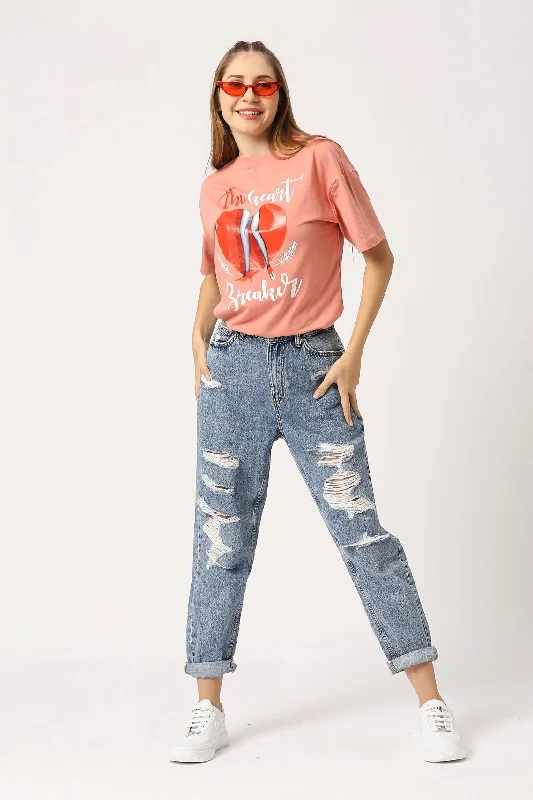 Women Coral Red Typography Printed T-Shirt-- Solid Color Striped Floral