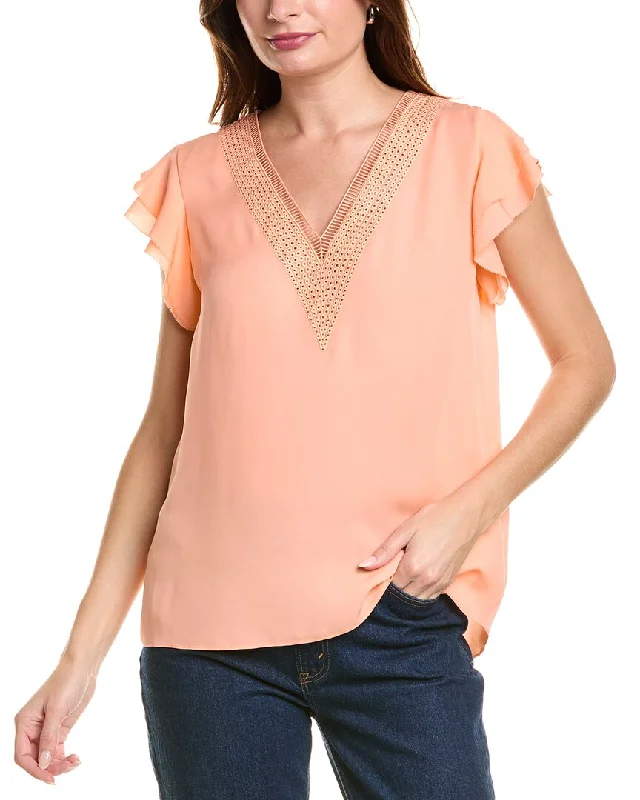 Elie Tahari Embroidered Silk Shirt-- Ribbed Striped Patterned