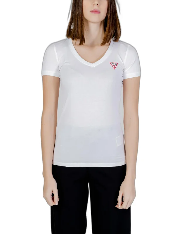 Guess  Women's V-Neck T-Shirt White-- Denim Fabric Leather Fabric Suede Fabric