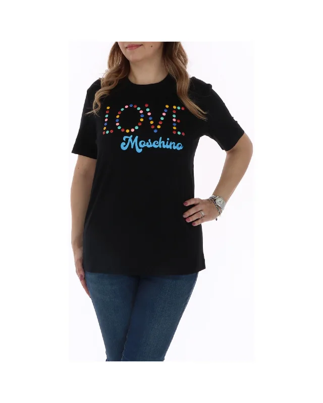 Love Moschino  Womens Black TShirt with Colorful Studs-- Mesh Canvas Denim