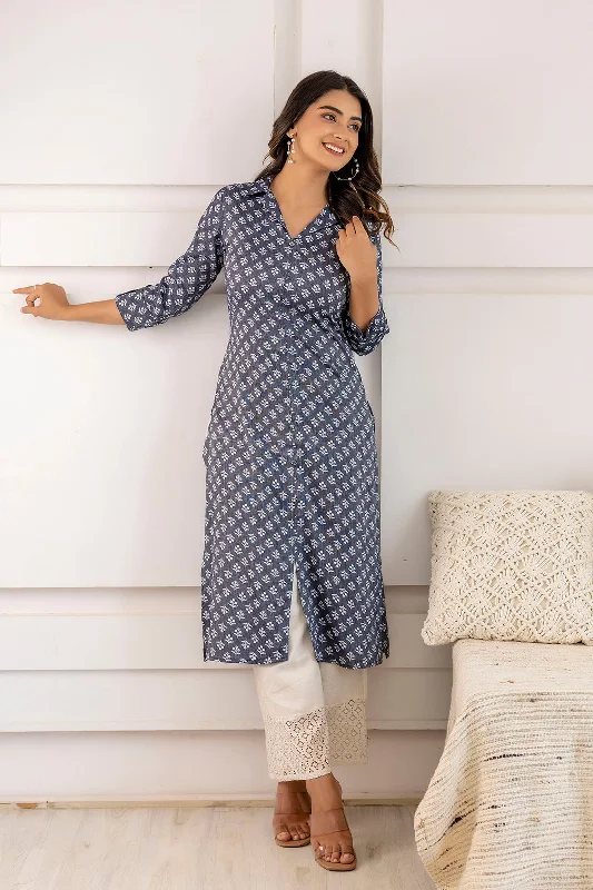 Women Blue Grey Printed Straight Shirt Collar Kurta - Rasiya-- Collared T-Shirt Boat Neck A-Line Women Blue Grey Printed Straight Shirt Collar Kurta - Rasiya-- Collared T-Shirt Boat Neck A-Line