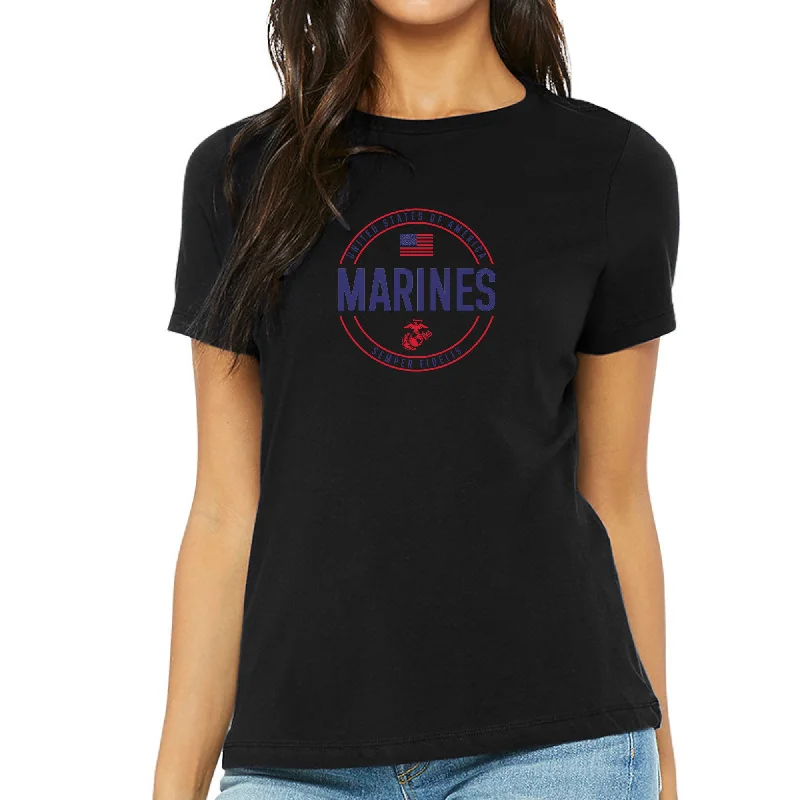 Marines Ladies Center Chest Circle Logo T-Shirt-- Sequined Glittery Shiny