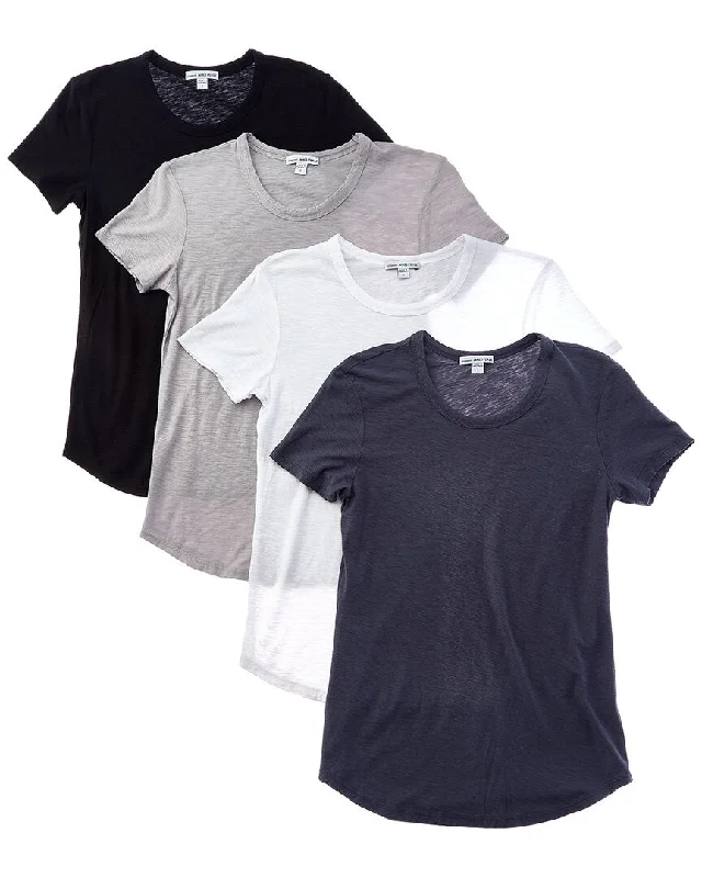 James Perse Set Of 4 Sheer Slub T-Shirt-- Print Jacquard Patchwork