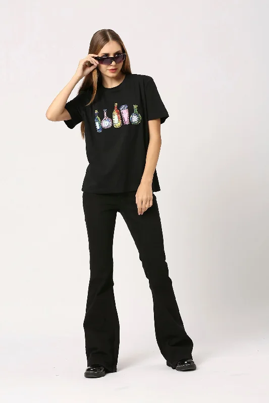 Women's Black Statement T-Shirt-- Collared T-Shirt Boat Neck A-Line