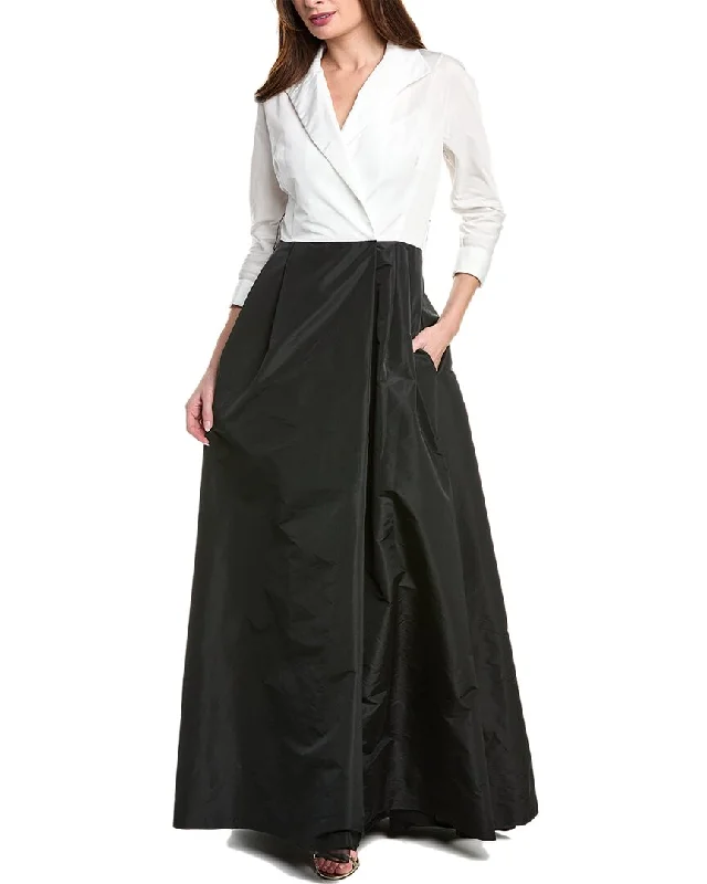 Teri Jon By Rickie Freeman Taffeta Shirt Gown-- Hooded Caped Shawl Collar