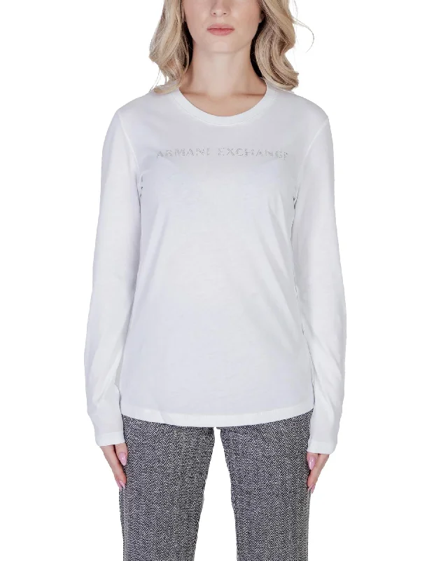 Armani Exchange Womens Long Sleeve TShirt with Rhinestone Logo - White-- Spandex Blend Rayon Blend Denim Blend Armani Exchange Womens Long Sleeve TShirt with Rhinestone Logo - White-- Spandex Blend Rayon Blend Denim Blend