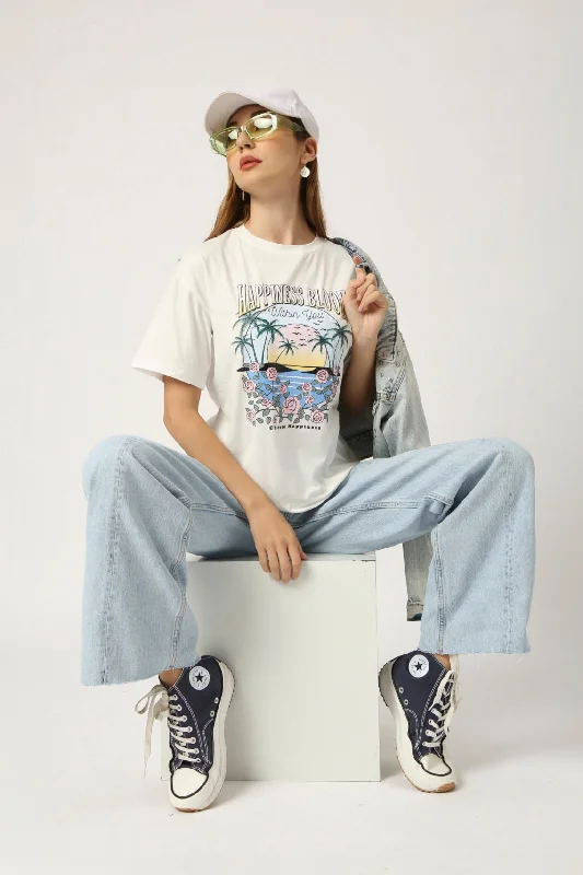 Women Off-White Printed Regular Fit T-Shirt-- Casual Formal Business
