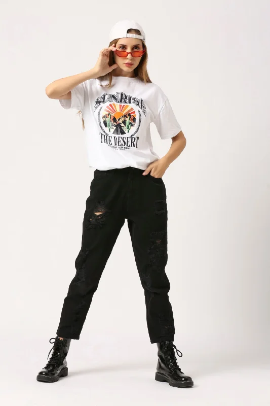 Women Ivory White Typography T-Shirt-- Boxy Fit Fitted Loose