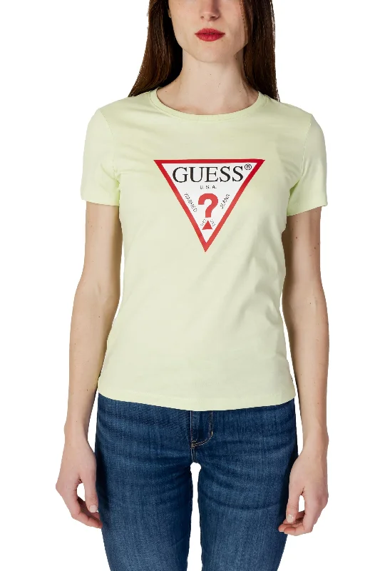 Guess  Women's Classic Logo T-Shirt  Light Yellow-- Asymmetrical Pockets Print