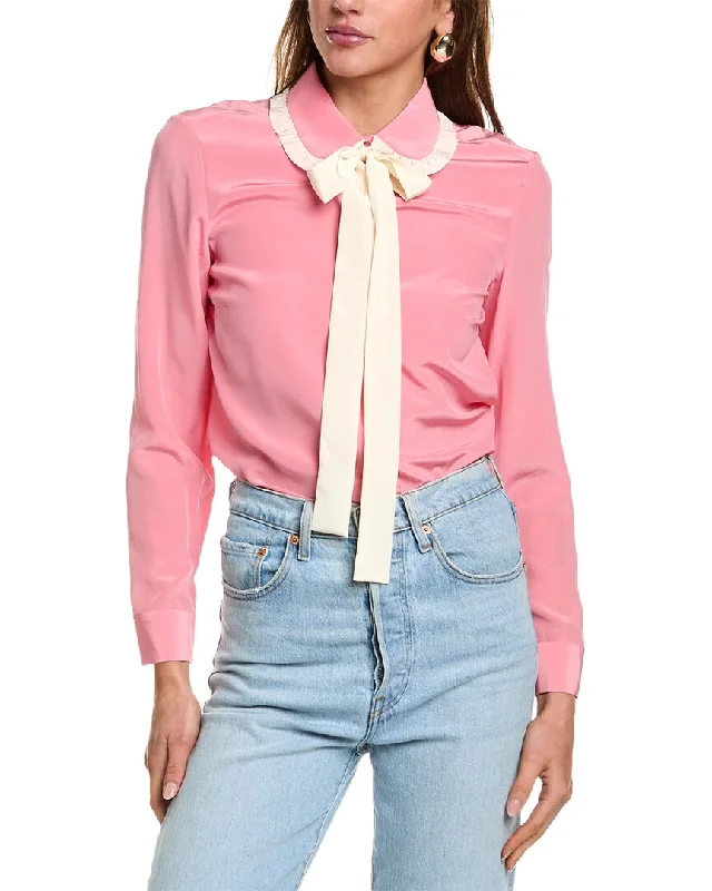 Red Valentino Peter Pan Collar Silk Shirt-- Thin T-Shirt Open Front Quick Dry
