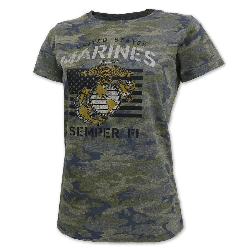 Marines Ladies Vintage Stencil T-Shirt (Camo)-- Notch Collar Peter Pan Collar Cowl Neck Marines Ladies Vintage Stencil T-Shirt (Camo)-- Notch Collar Peter Pan Collar Cowl Neck