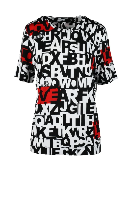 Love Moschino  Womens Graphic TShirt BlackWhite All Over Print-- Seamless Knitted Crochet