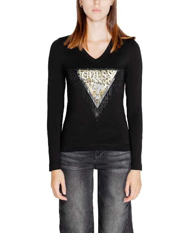 Guess Womens Long Sleeve VNeck TShirt with Rhinestone Logo-- Chenille Blend Fleece Blend Nylon Blend Guess Womens Long Sleeve VNeck TShirt with Rhinestone Logo-- Chenille Blend Fleece Blend Nylon Blend