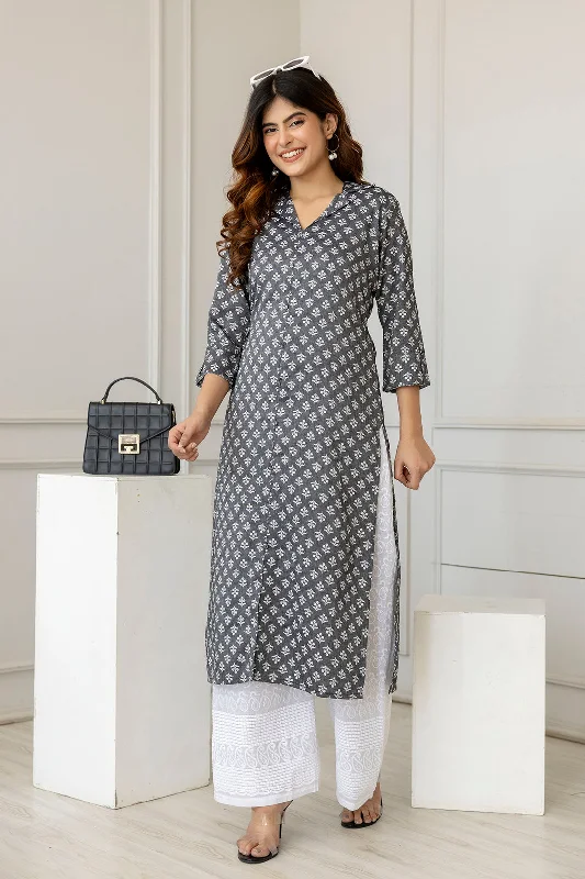 Women Grey Printed Straight Shirt Collar Kurta - Rasiya-- Spandex Blend Rayon Blend Denim Blend Women Grey Printed Straight Shirt Collar Kurta - Rasiya-- Spandex Blend Rayon Blend Denim Blend