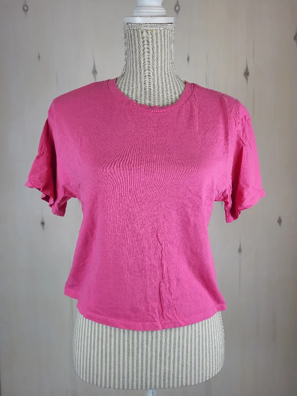 ORGANIC COTTON PINK TSHIRT LADIES MEDIUM PRE-LOVED-- Hooded Caped Shawl Collar