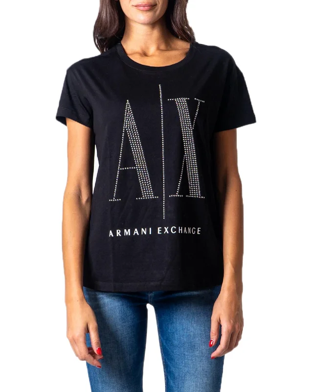 Armani Exchange AX Logo Rhinestone T-Shirt for Women - Black-- Notch Collar Peter Pan Collar Cowl Neck Armani Exchange AX Logo Rhinestone T-Shirt for Women - Black-- Notch Collar Peter Pan Collar Cowl Neck