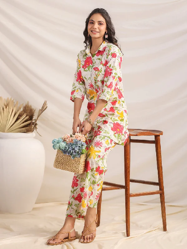 Janasya Straight Cambric Off White Floral Shirt Collar Co-Ords-- Silk Blend Satin Velvet