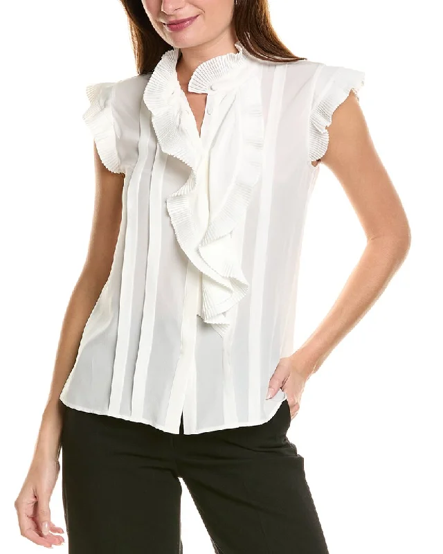Elie Tahari Pleated Flutter Silk Shirt-- Fitted T-Shirt Seamless Stretchy