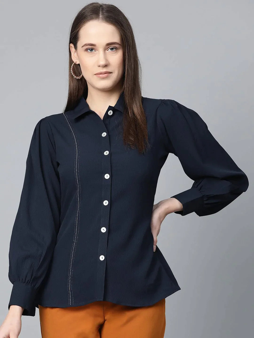 Women Navy Blue Regular Fit Crinkled Effect Casual Shirt - Rasiya-- Mesh Blend Leather Blend Suede Blend Women Navy Blue Regular Fit Crinkled Effect Casual Shirt - Rasiya-- Mesh Blend Leather Blend Suede Blend