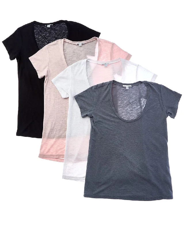 James Perse Set Of 4 Sheer Slub V-Neck T-Shirt-- Collared Crew Neck Turtle Neck