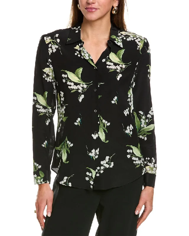 Red Valentino Silk Shirt-- Houndstooth Herringbone Solid