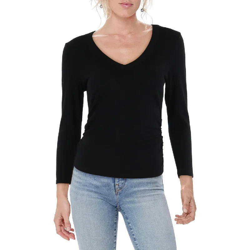 Womens V-Neck Ruched T-Shirt-- Striped Floral Plaid