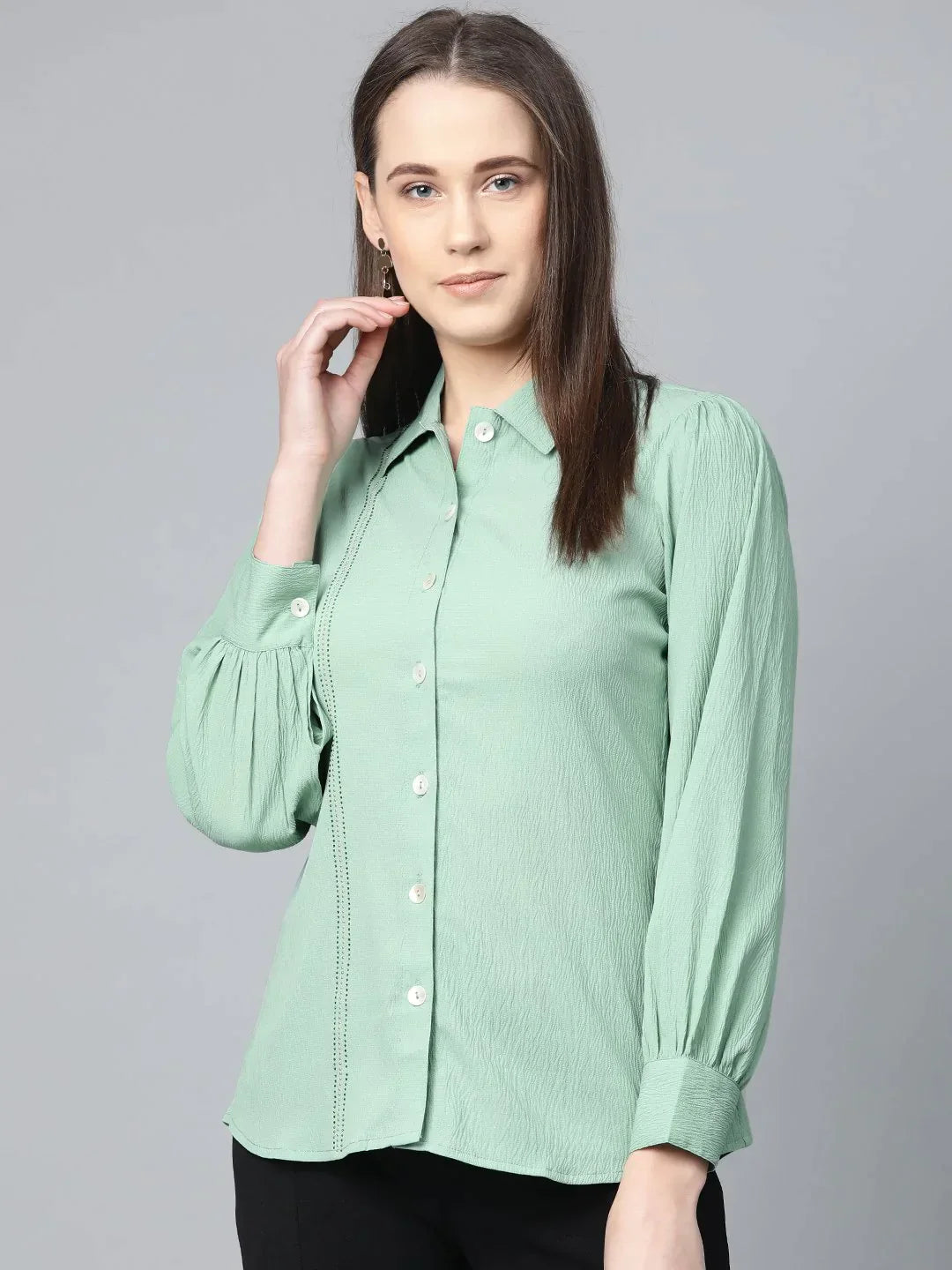 Women Green Regular Fit Crinkled Effect Casual Shirt - Rasiya-- Iron Safe Non-Iron Wrinkle Free Women Green Regular Fit Crinkled Effect Casual Shirt - Rasiya-- Iron Safe Non-Iron Wrinkle Free
