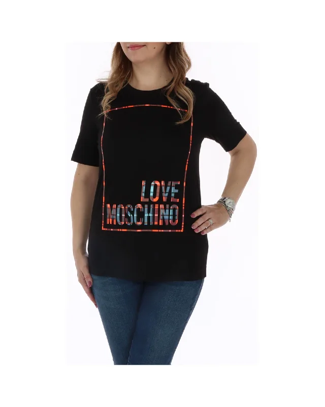 Love Moschino  Women's Black T-Shirt with Checkered Logo-- Rayon Velvet Corduroy
