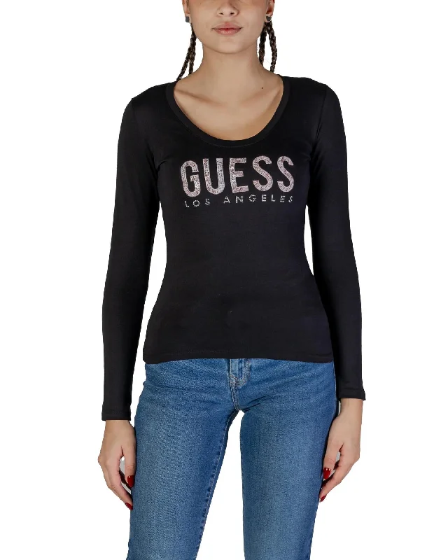 Guess Long Sleeve Round Neck Cotton T-shirt-- Solid Print Embellished