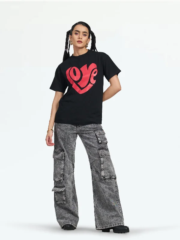 Women Black Typography Printed Regular Fit T-Shirt-- Modern Contemporary Chic