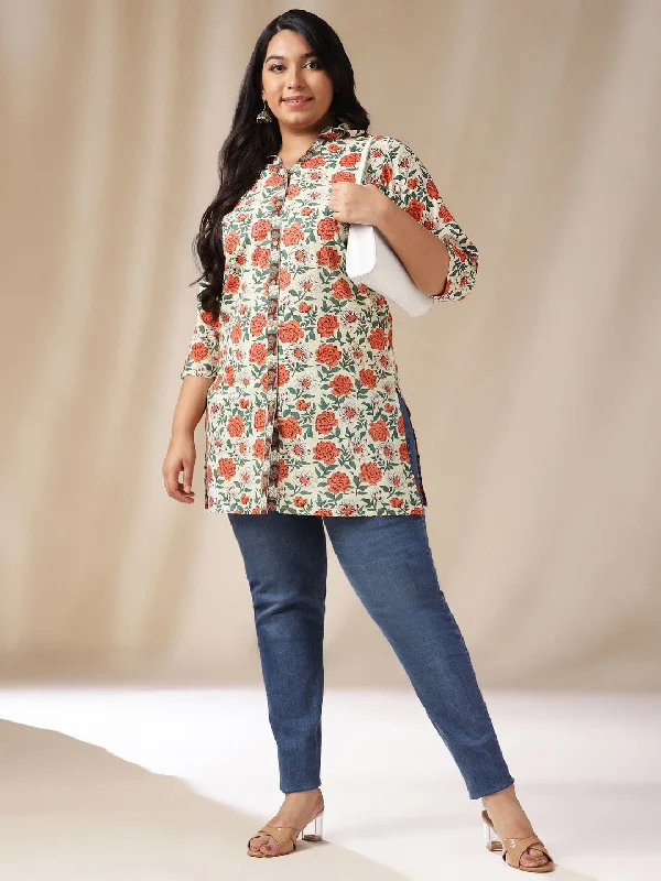 Janasya Regular Cambric Cream Floral Shirt Collar Tunic-- Ribbed Striped Patterned