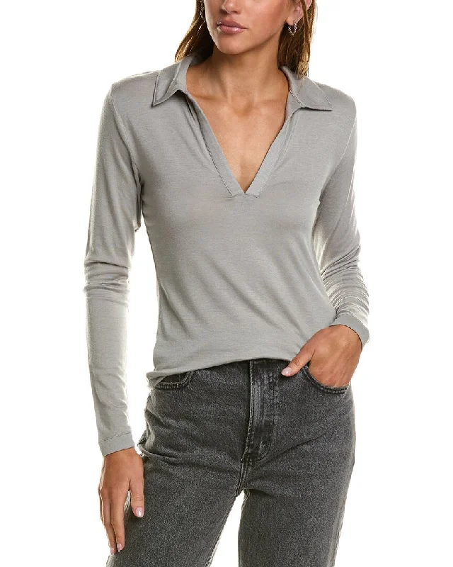 James Perse Open Cashmere-Blend Polo Shirt-- Striped Floral Plaid