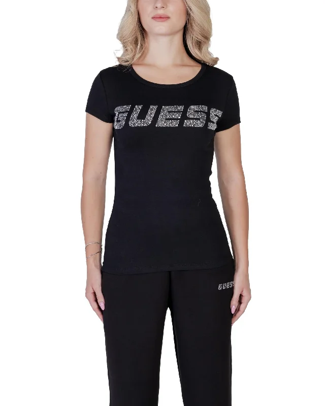 Guess  Women's Rhinestone Logo T-Shirt  Black-- Beaded Sequined Faux Fur