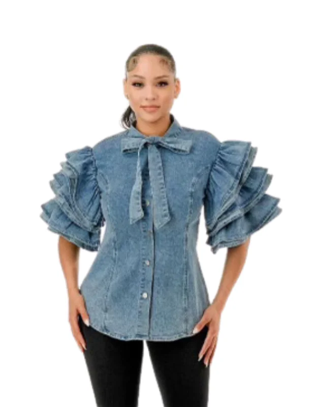 Joi Denim Ruffle Shirt-- Nylon Fabric Polyester Fabric Spandex Fabric