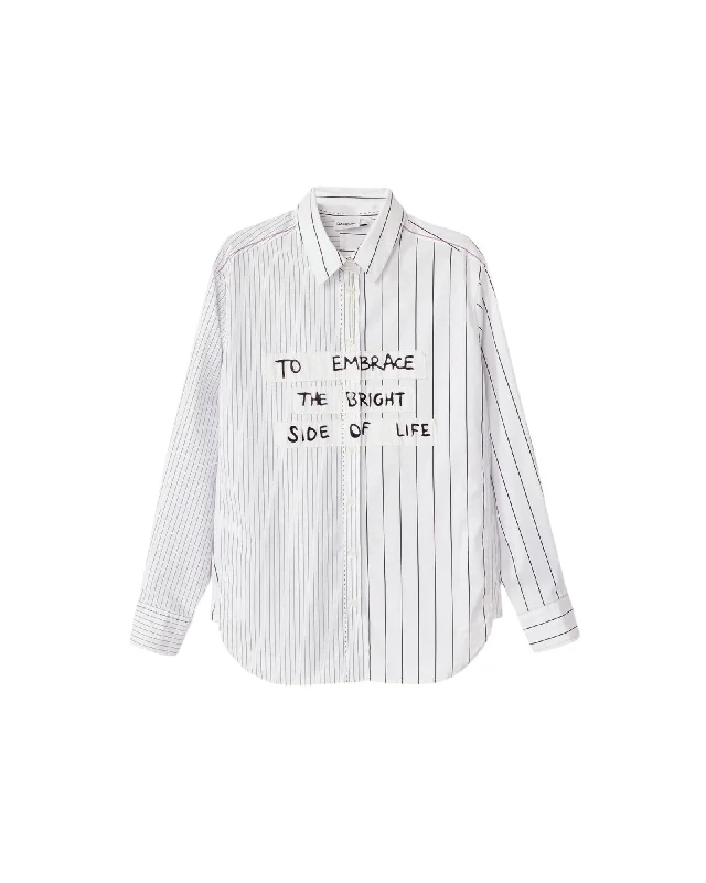 Desigual Women's Striped Shirt with 'To Embrace the Bright Side of Life' Message-- Embroidered Appliqued Beaded Desigual Women's Striped Shirt with 'To Embrace the Bright Side of Life' Message-- Embroidered Appliqued Beaded
