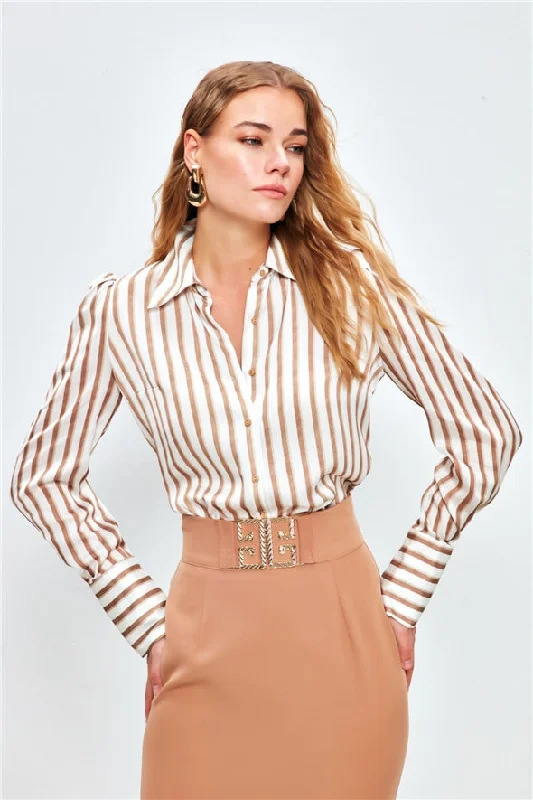 Striped Padding Detailed Button Down Shirt - brown-- Chenille Blend Fleece Blend Nylon Blend Striped Padding Detailed Button Down Shirt - brown-- Chenille Blend Fleece Blend Nylon Blend