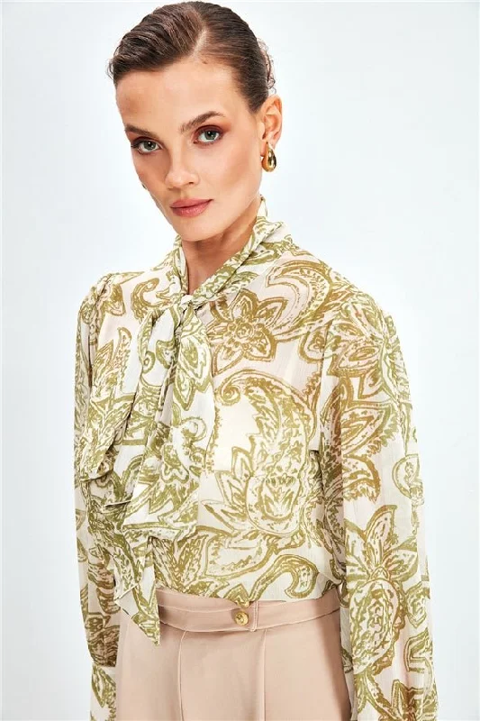 Patterned Georgette Shirt with Bow Tie Neck and a Cami - Green-- Beaded Sequined Faux Fur