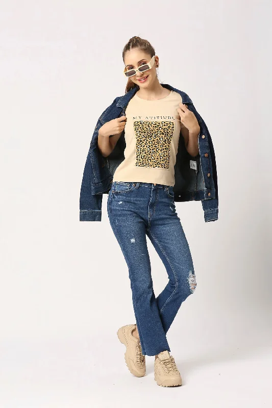 Women Beige Typography Printed T-shirt-- Oversized T-Shirt Spandex breathable