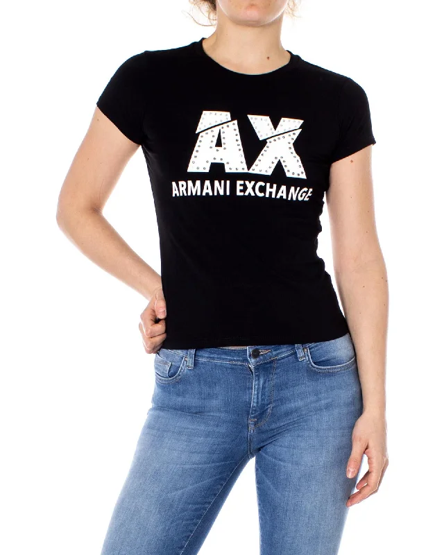 Armani Exchange  Women's AX Rhinestone Logo T-Shirt  Black-- Chenille Brocade Lace