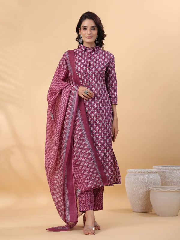 Janasya Regular Poly Cotton Purple Printed Shirt Collar Kurta,Bottom & Dupatta-- Collared T-Shirt Boat Neck A-Line