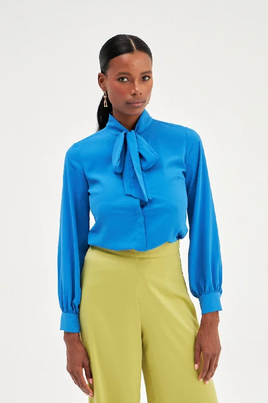 Tied Collar Plain Long Sleeve Shirt - Royal Blue-- Collared Crew Neck Turtle Neck