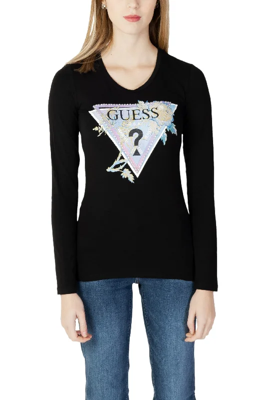 Guess  Womens Floral Logo Long Sleeve TShirt Black-- Hooded Caped Shawl Collar