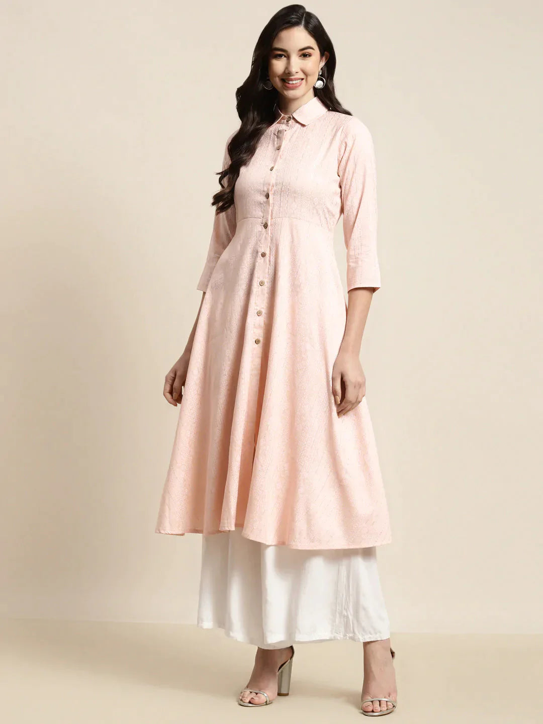 Shirt Collar Flaired Kurta Orange - Rasiya-- Lace Blend Ribbed Blend Corduroy Blend