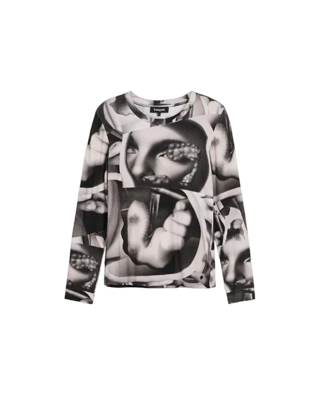 Desigual Women's Long Sleeve T-Shirt with Abstract Print-- Lace Blend Ribbed Blend Corduroy Blend Desigual Women's Long Sleeve T-Shirt with Abstract Print-- Lace Blend Ribbed Blend Corduroy Blend