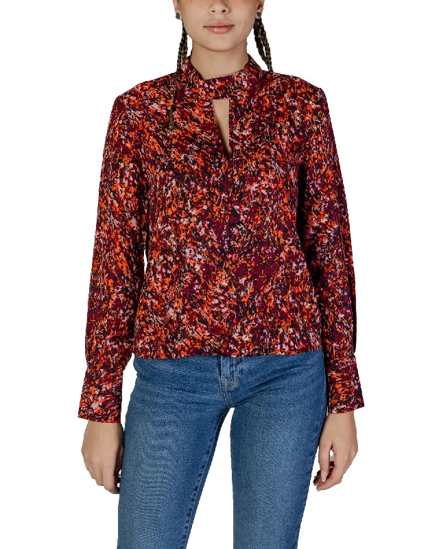 Jacqueline De Yong V-Neck Long Sleeve Polyester Shirt-- Polka Dot Checkered Tartan