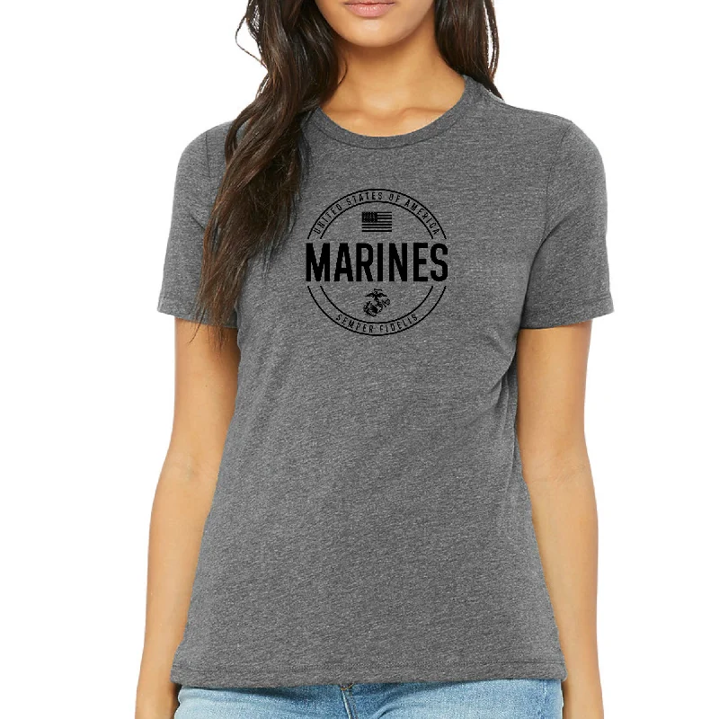 Marines Ladies Center Chest Circle Logo T-Shirt (Black Design)-- Embroidered Appliqued Beaded Marines Ladies Center Chest Circle Logo T-Shirt (Black Design)-- Embroidered Appliqued Beaded