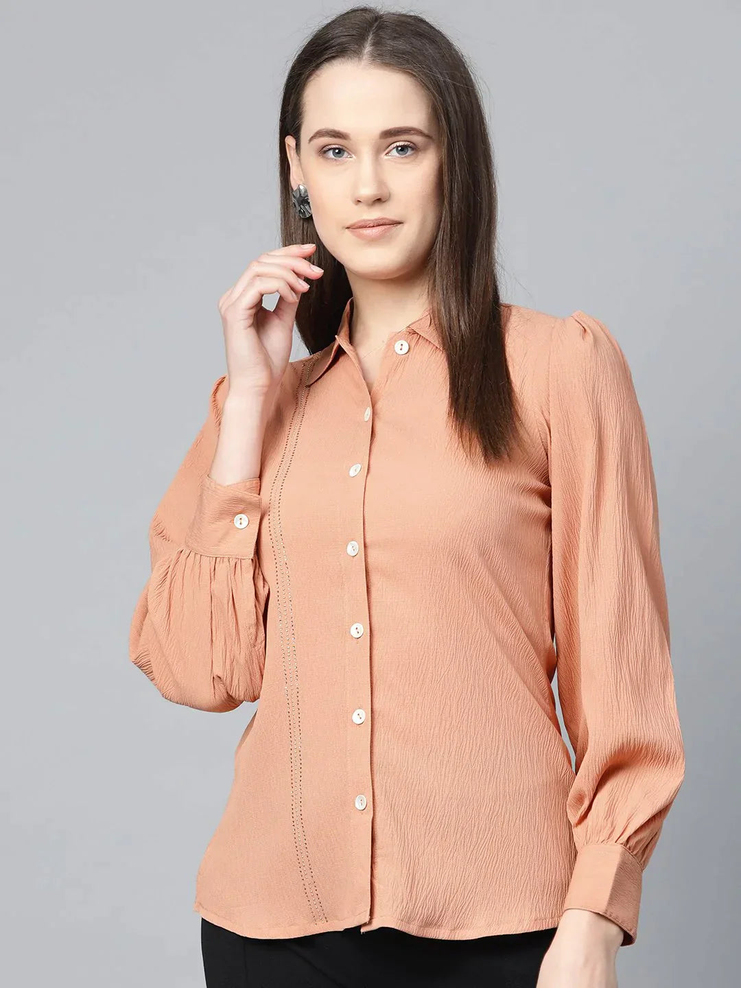 Women Peach Regular Fit Crinkled Effect Casual Shirt - Rasiya-- Mesh Canvas Denim